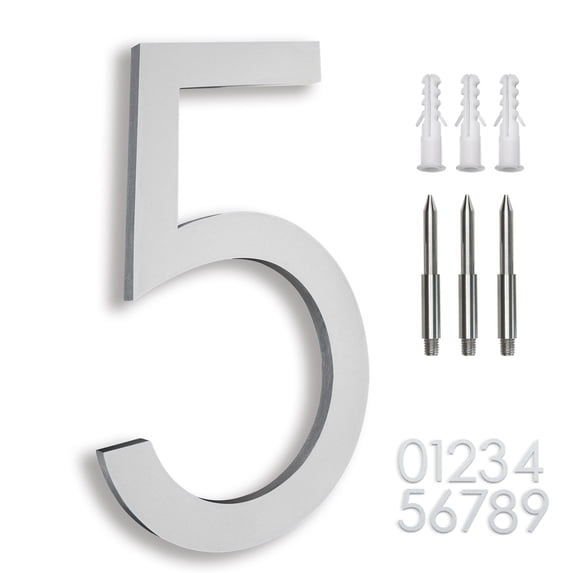8" Address Numbers For House,Modern House Numbers Large Silver Exterior Street Metal floating house numbers for outside Floating Mount Or Flush Mount Aluminum Home Door Number 5