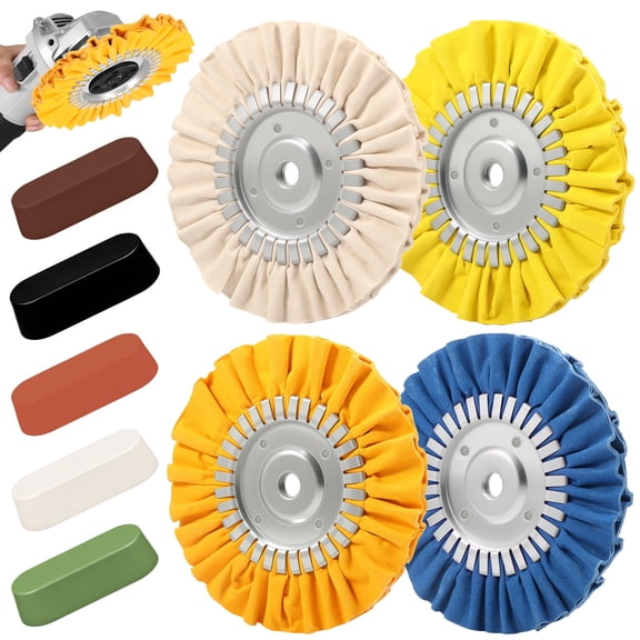 8" Airway Buffing Wheel Kit - 9Pcs Aluminum Metal Polishing Set with 5/8" Arbor Hole & Polishing Compound, Compatible with Angle Grinder for Mirror Finish