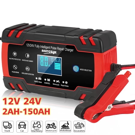 8-Amp Car Battery Charger, 12V and 24V Smart Fully Automatic Battery Charger Maintainer Trickle Charger w/ Temperature Compensation for Car Truck Motorcycle Lawn Mower Boat Marine Lead Acid Batteries