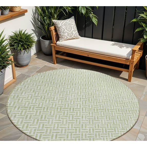 HomeRoots 594439 8 ft. Artichoke Green & Gray Round Geometric Washable Indoor & Outdoor Area Rug