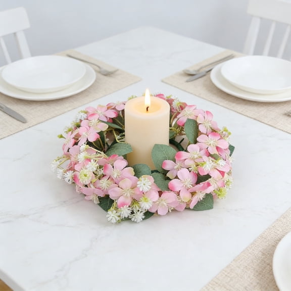 8" Artificial Peach Flower Candle Ring Wreath,Spring Floral Wreath with White Baby's Breath & Greenery,Table Centerpiece for Easter,Wedding,Farmhouse,Bathroom,Indoor Home Decor