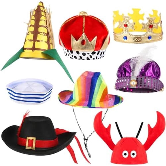 8 Assorted Funny Hats, Crazy Party Hats for Adults, Novelty Costume Accessories for Dress up & Photo Booth Props, Carnival, Circus, Wedding, Birthday, Halloween & Celebration Events