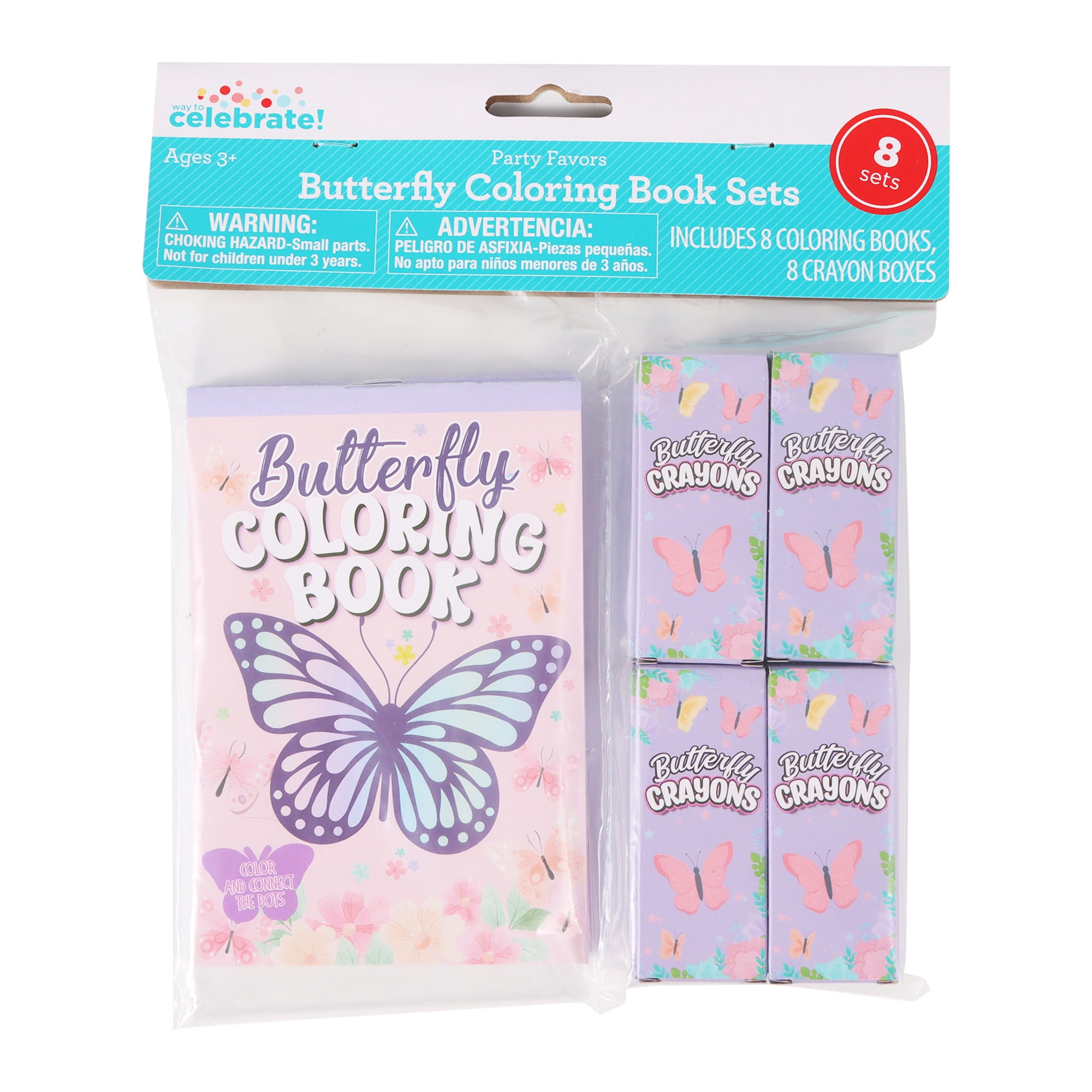 8 Set, Multicolor Butterfly Coloring Book, Party Favors, Includes: 8 Coloring Books, 8 Crayon Boxes, by Way To Celebrate