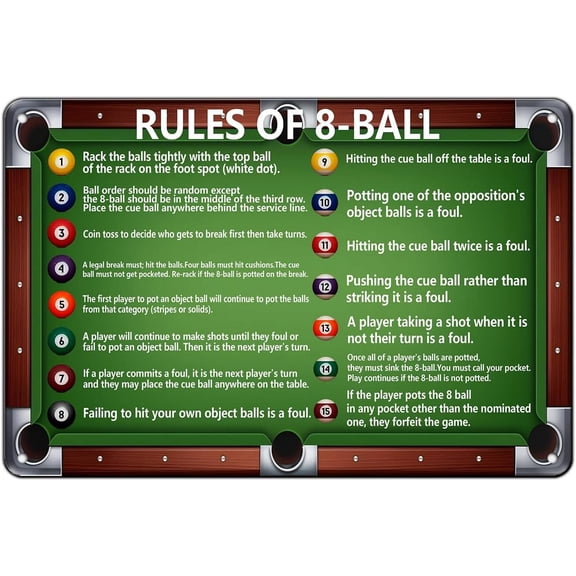 8 Ball Billiards Metal Sign Billiards Vintage Tin Signs Ball Billiard Rules Pool Table Room Decoration for Wall Home Bedroom Coffee Shop Decor 12 * 8in