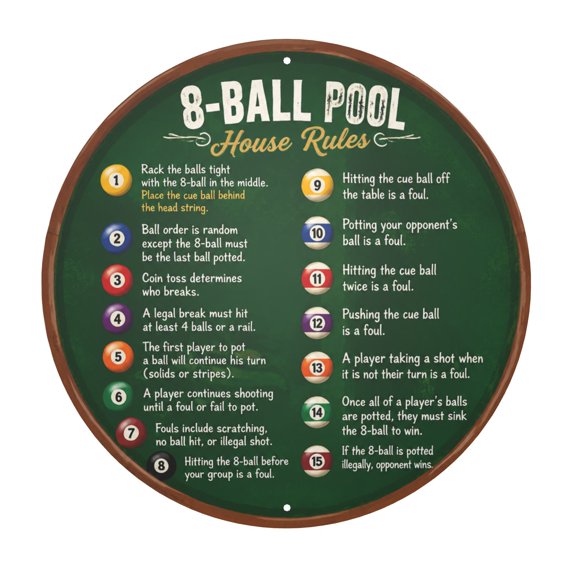8-Ball Pool House Rules Metal Sign 8x8 Inch - Billiards Wall Decor for Game Room or Man Cave - Vintage Style Iron Sign with Easy Hanging Pre-Drilled Holes - Weather Resistant Finish