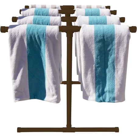 8 Bar Horizontal Towel Rack - Poolside Storage Organizer for Drying Wet Towels, Floats, Noodles, Paddles - Brown