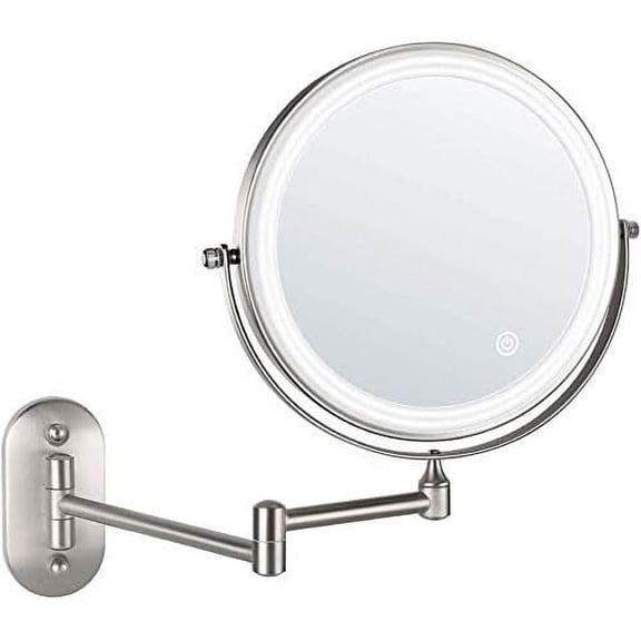 8'' Bathroom Mirrors Wall Mounted Makeup Mirror,Upgrade Auto Off LED Shaving Mirror 1X/5X Magnifying Double Sided 360°Swivel Extendable,Powered by 4 x AAA Batteries Chrome