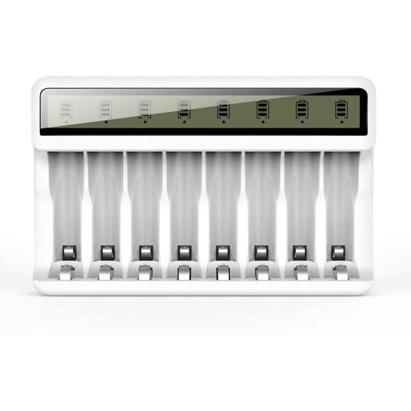 8 Bay AA AAA Battery Charr with LCD Display (USB Quick Charging, Independent Slot) for Ni-MH Ni-CD Recharable Batteries