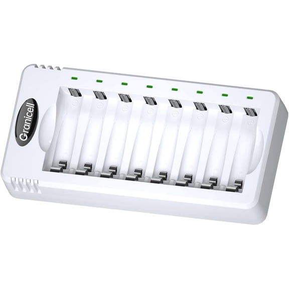 8 Bay AA and AAA Battery Charr, Independent Slot,USB High-Speed Charging, for Ni-MH/Ni-CD Recharable Batteries, Adapter-Free