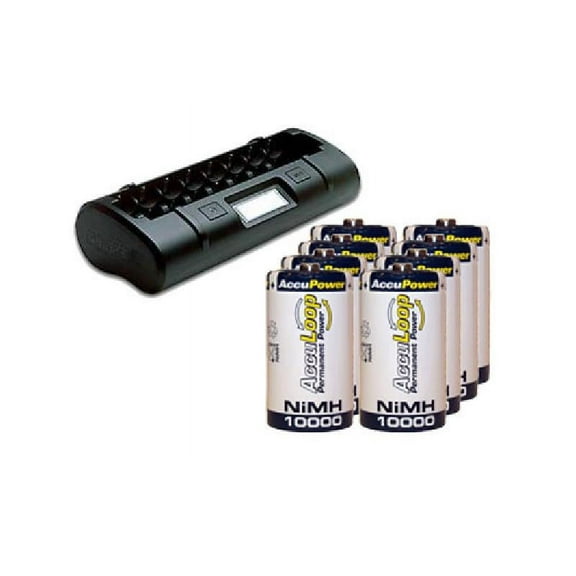8 Bay LCD Maha Powerex Battery Charger + 8 D (10000 mAh) NiMH AccuPower AccuLoop Batteries