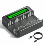 8 Bay Rechargeable Battery Charger with LCD Eye Protection Screen，Intelligent Fast LCD Indicator USB Battery Charger For 1.2V AA AAA C D Size Ni-MH Batteries