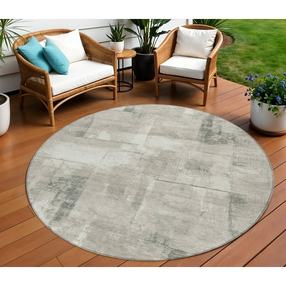 HomeRoots 618585 8 ft. Beige & Gray Round Geometric Washable Indoor & Outdoor Area Rug