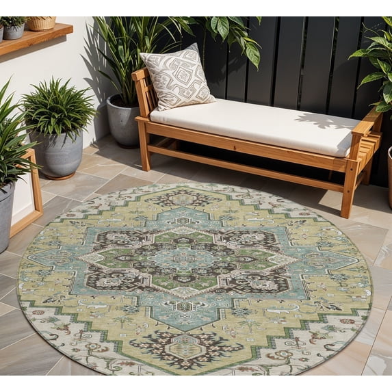 HomeRoots 600134 8 ft. Beige, Green & Brown Round Oriental Washable Indoor & Outdoor Area Rug