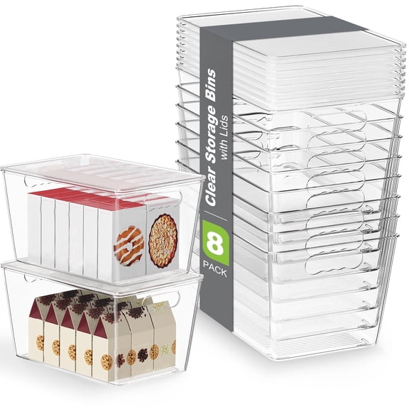 8 Pack Large Clear Plastic Storage Bins with Lids and Handles, Multi-Purpose Organizer for Pantry, Kitchen Countertop, Closet and Cabinet Storage