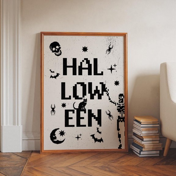8 Bit Halloween Black & White Pixel Wall Art Retro Spooky Decor