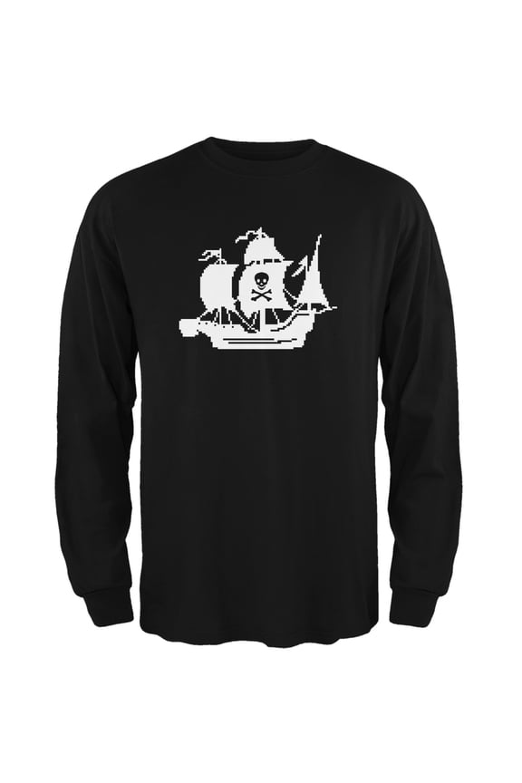 8-Bit Pirate Ship Black Adult Long Sleeve T-Shirt - Small
