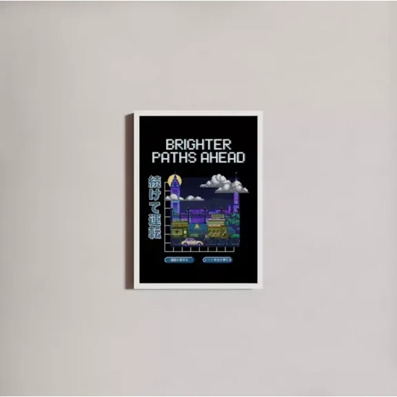 8 Bit Pixel Art Cityscape Skyline Print Japanese Vaporwave Artwork Retro Gaming