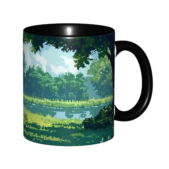8-Bit Pixel Art Lakeside Forest Ceramic Mug 11oz, Retro Video Game Green Woodland Landscape, Microwave & Dishwasher Safe, Gift for Retro Gamers & Nature Fans