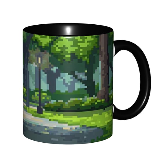 8-Bit Pixel Art Park Pathway Forest Ceramic Mug 11oz - Green Tree Street Lamp Calm Nature Design, Microwave & Dishwasher Safe, Gift for Retro Game & Nature Lovers