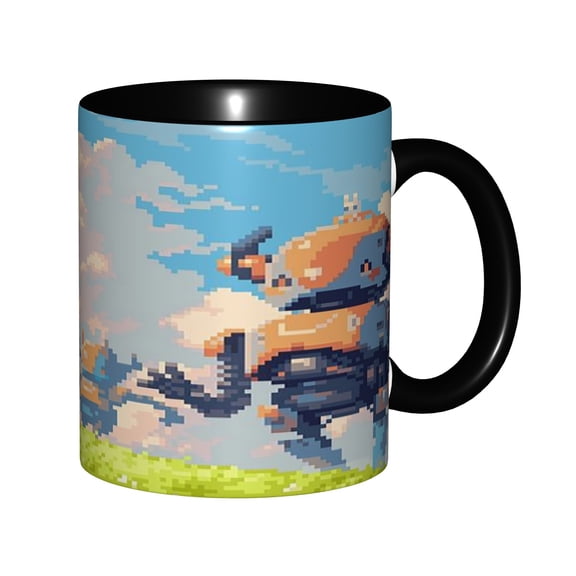 8-Bit Pixel Art Robot Adventure Ceramic Mug 11oz - Retro Mecha Video Game Sky Landscape Design, Microwave & Dishwasher Safe, Gift for Pixel Game & Sci-Fi Fans