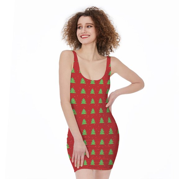 8-Bit Pixel Christmas Tree Pattern Print Sleeveless Bodycon Dress, Jesus Christian Fashion Summer Maxi Dress For Women
