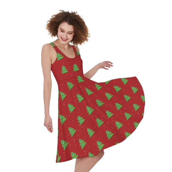 8-Bit Pixel Christmas Tree Pattern Print Sleeveless Knee Length Dress, Jesus Christian Fashion Summer Maxi Dress For Women