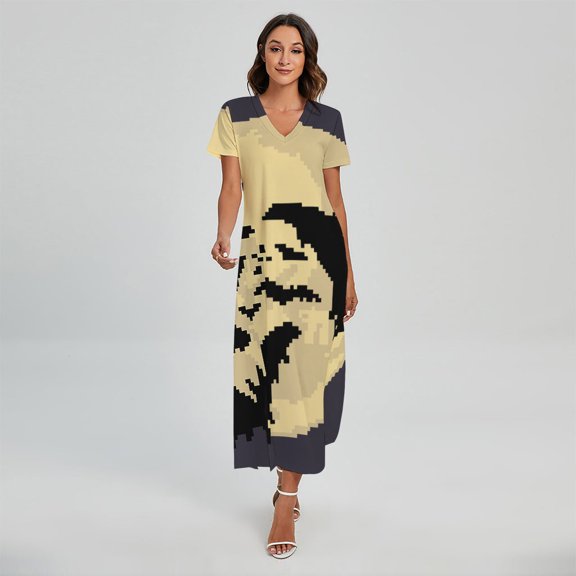 8-Bit Pixel Halloween Bat Printed Short Sleeve Maxi Dress, Halloween Decorative Fashion Summer Maxi Dress For Women