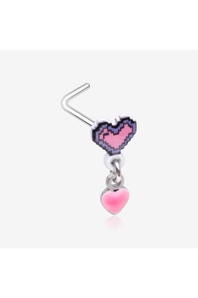 8-Bit Pixel Heart Dangle Gamer L-Shaped Nose Ring