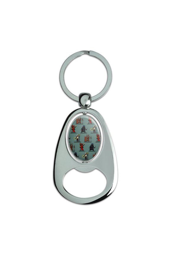 8-Bit Pixel Heroes RPG Pattern Keychain Chrome Metal Spinning Oval Bottle Opener