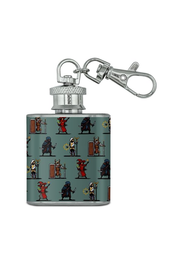 8-Bit Pixel Heroes RPG Pattern Stainless Steel 1oz Mini Flask Key Chain