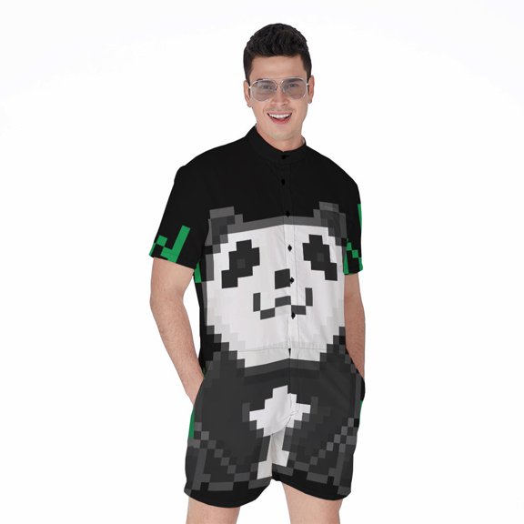 8-Bit Pixel Panda Short Sleeve Men'S Rompers, Retro Game 8-Bit Casual Summer Jumpsuits Outfit