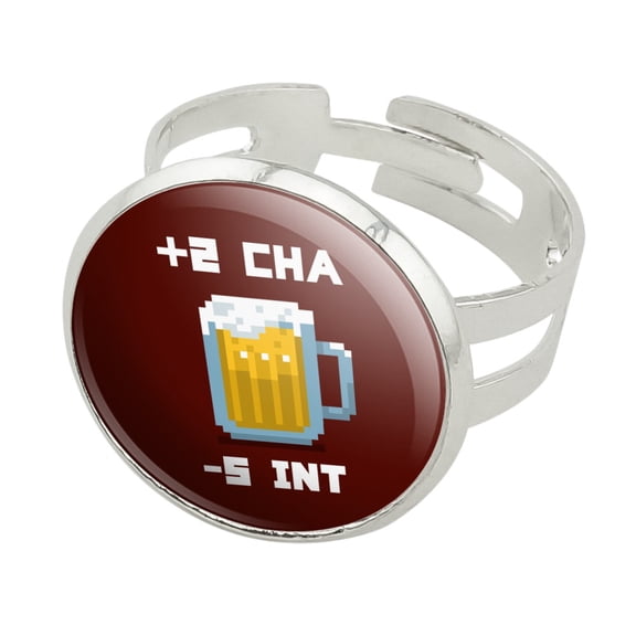 8-Bit Pixel Retro Beer Charisma Buff Gamer Game Silver Plated Adjustable Novelty Ring
