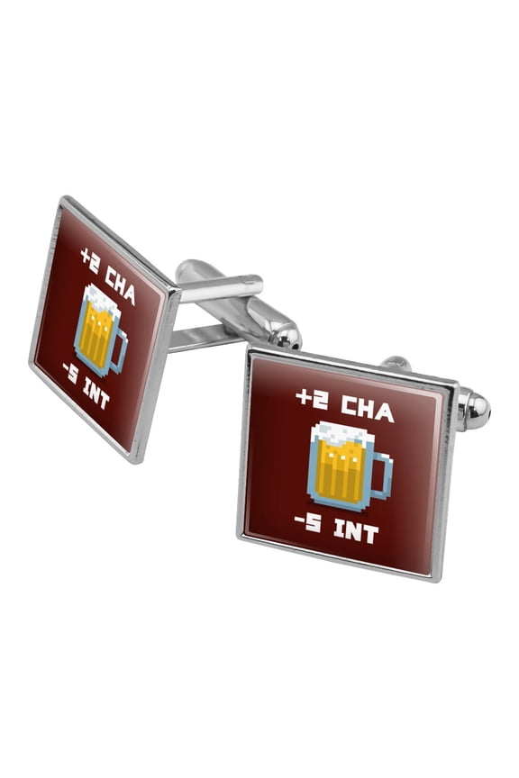 8-Bit Pixel Retro Beer Charisma Buff Gamer Game Square Cufflink Set - Silver or Gold