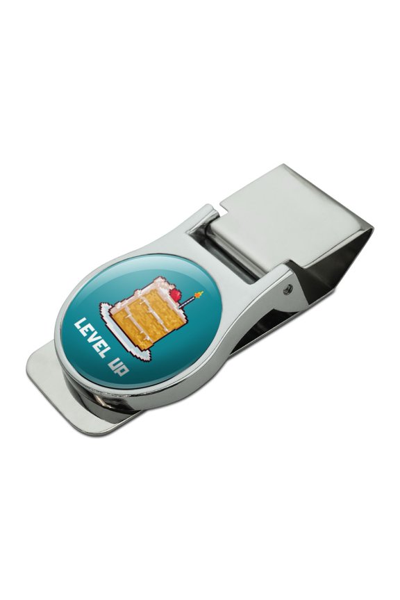 8-Bit Pixel Retro Cake Level-up Game Gamer Satin Chrome Plated Metal Money Clip