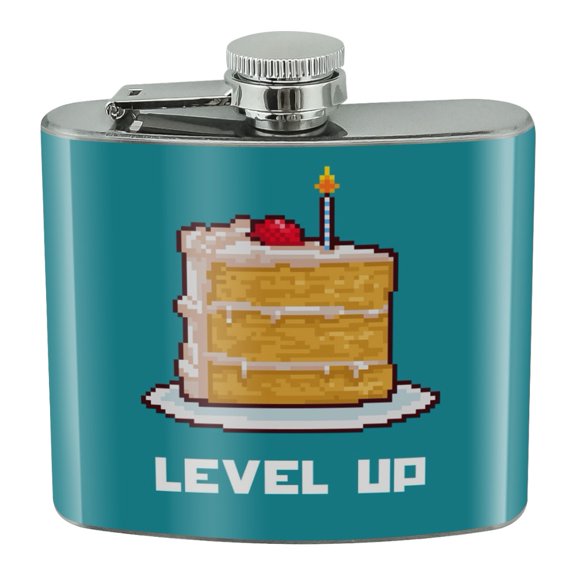 8-Bit Pixel Retro Cake Level-up Game Gamer Stainless Steel 5oz Hip Drink Kidney Flask