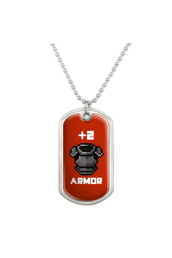 8-Bit Pixel Retro Plus Two Armor Gamer Game Military Dog Tag Pendant Necklace with Chain
