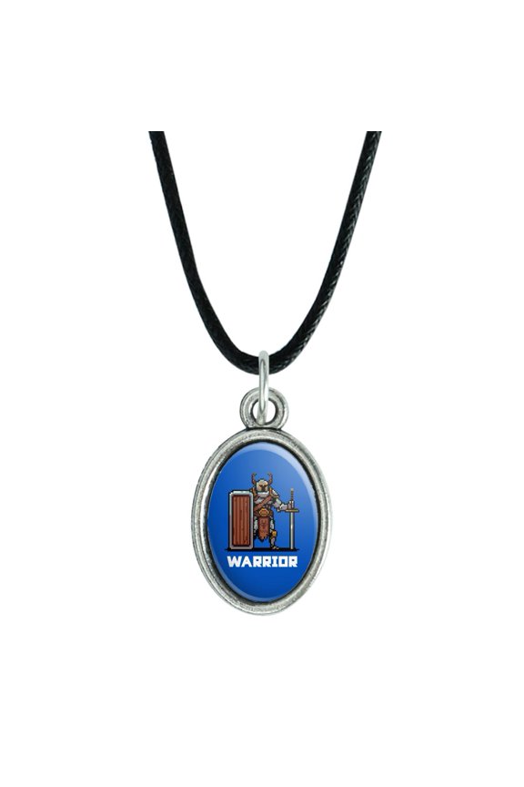8-Bit Pixel Retro Warrior Knight Fighter Games RPG  Antiqued Oval Charm Pendant with Black Satin Cord