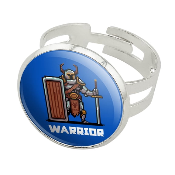 8-Bit Pixel Retro Warrior Knight Fighter Games RPG  Silver Plated Adjustable Novelty Ring