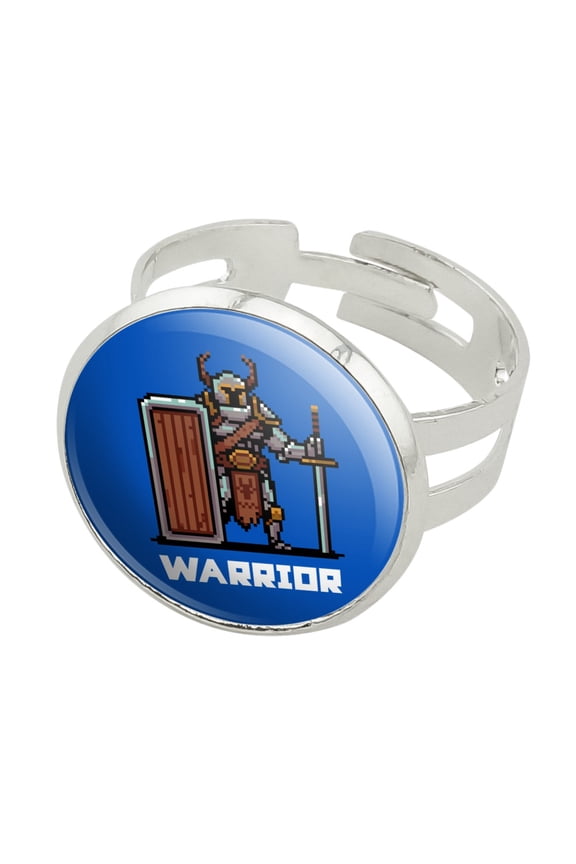 8-Bit Pixel Retro Warrior Knight Fighter Games RPG  Silver Plated Adjustable Novelty Ring