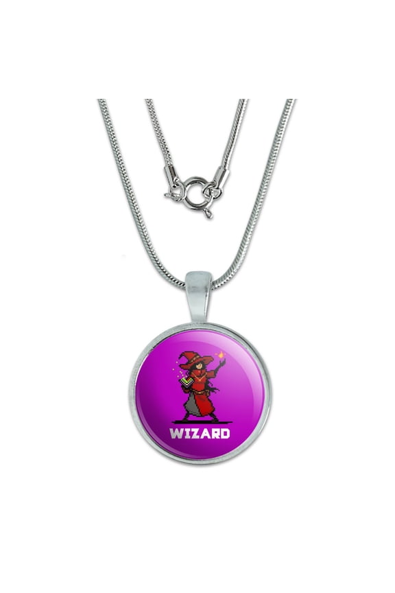 8-Bit Pixel Retro Wizard Mage Caster Games RPG  0.75" Pendant with Sterling Silver Plated Chain