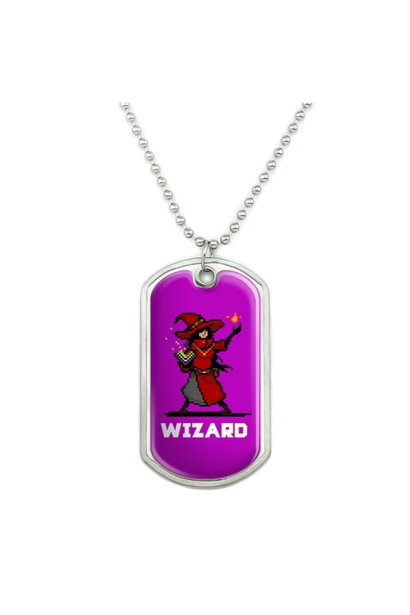 8-Bit Pixel Retro Wizard Mage Caster Games RPG  Military Dog Tag Pendant Necklace with Chain