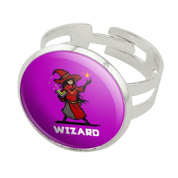 8-Bit Pixel Retro Wizard Mage Caster Games RPG  Silver Plated Adjustable Novelty Ring