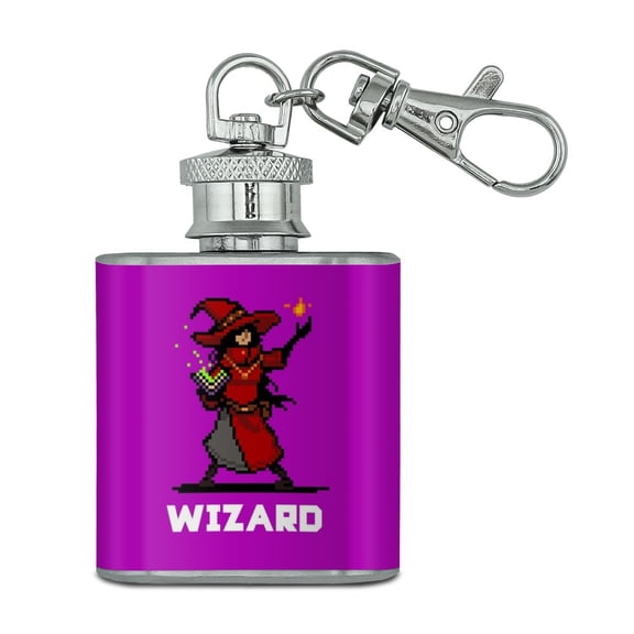 8-Bit Pixel Retro Wizard Mage Caster Games RPG  Stainless Steel 1oz Mini Flask Key Chain