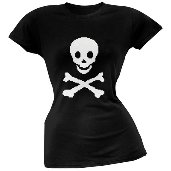 8-Bit Skull And Crossbones Black Soft Juniors T-Shirt - Large