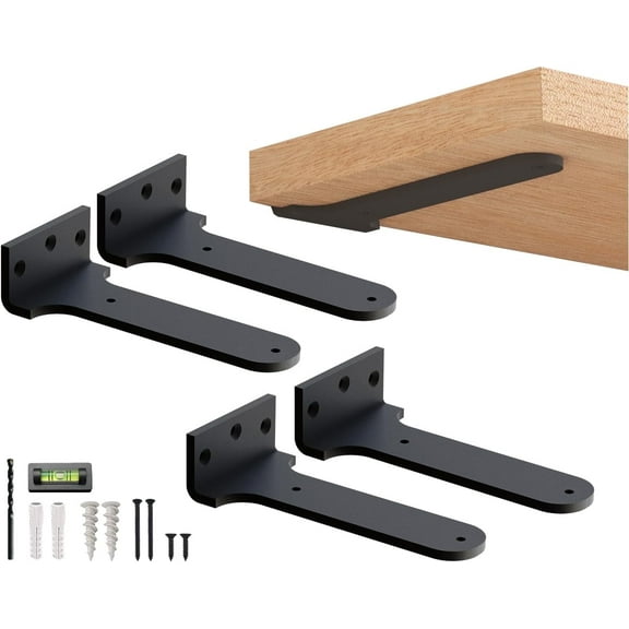 8" Black Floating Shelf Bracket by Balin Designs - Industrial Hidden Wall Bracket for Kitchen, Bathroom Bookshelves - Heavy Duty, Free Hanging Invisible Support for Shelves & Countertops (Pack of 4)
