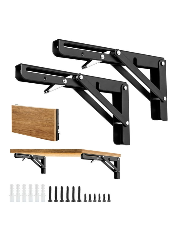 8" Black Folding Shelf Brackets Heavy Duty DIY Wall Mounted Shelf Bracket Space Saving for Table Work Bench, Pack of 2