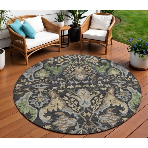 HomeRoots 605273 8 ft. Black, Green & Brown Round Floral Washable Indoor & Outdoor Area Rug