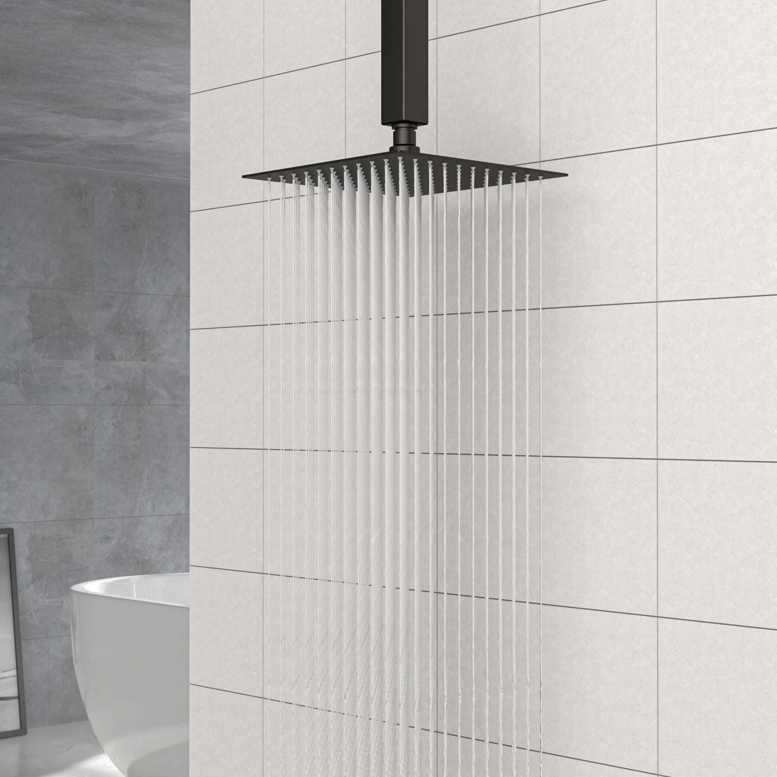 8" Black Square Rainfall Shower Head, Wall/Ceiling Mounted
