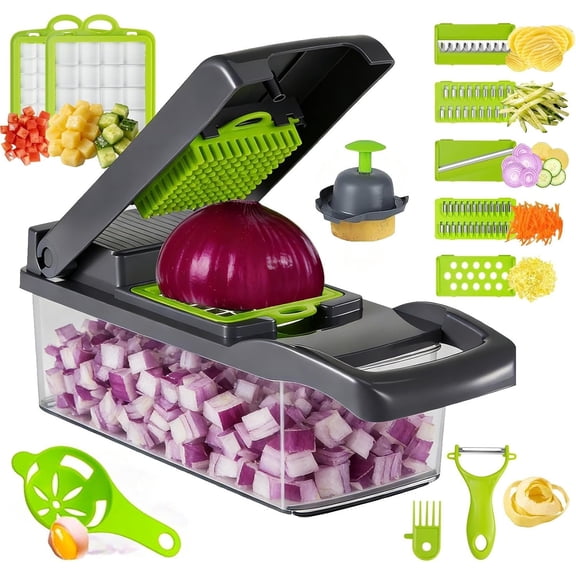 8 Blade All-in-1 Vegetable Chopper Mandoline Slicer with Container,Veggie Cutter for Salad, Onion Chopper,Food Chopper, Includes Egg Separator & Vegetable Peeler, Kitchen Gadgets Essentials, Gray