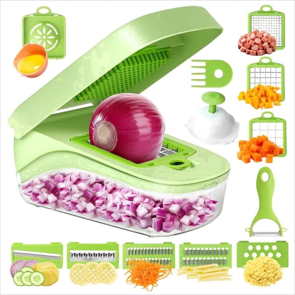 All-in-1 Vegetable Chopper with 8 Blades & Container – Mandoline Slicer & Shredder for Potato, Onion, Salad, Essential Kitchen Gadget